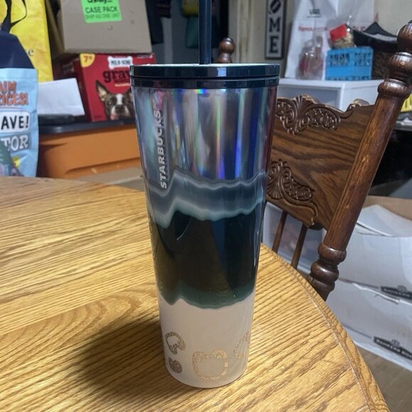 Starbucks 2021 Holiday Silver Dark Green White Wave Cold Beverage Cup 24 oz - Picture 1 of 5